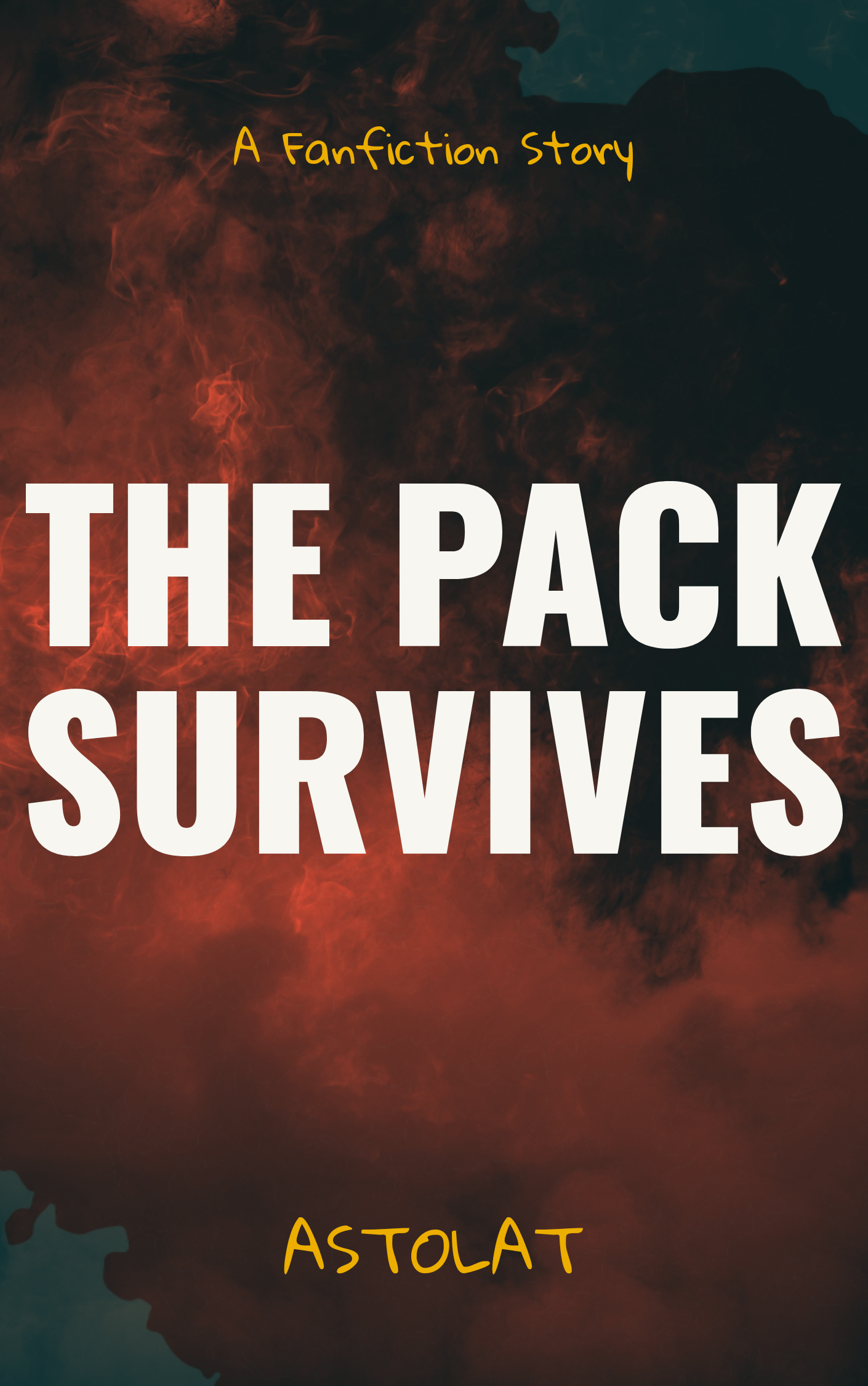 Fan cover of The Pack Survives by astolat. Background is a red and black cloud