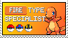 Stamp depicting Charmander from Pokemon and the text 'Fire Type Specialist'