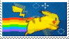Stamp depicting a pikachu running while drawing a rainbow